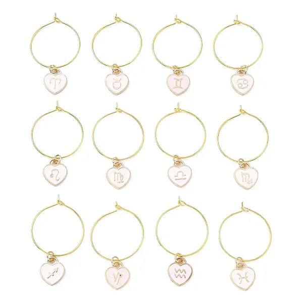 12Pcs Heart with Constellation Alloy Enamel Wine Glass Charms Sets