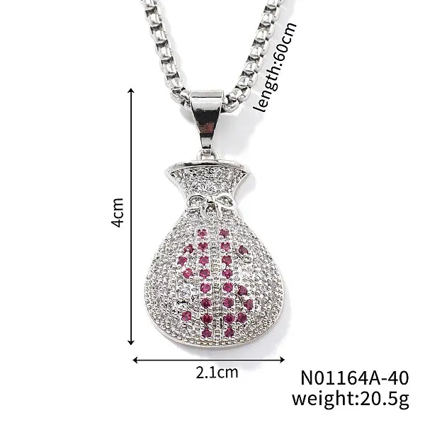 Fashion Hip-hop Street Style Brass Old Rose & Clear Cubic Zirconia Money Bag Pendant Box Chain Necklaces