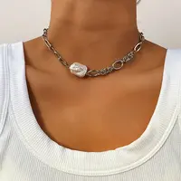 201 Stainless Steel & Nuggets Baroque Natural Keshi Pearl Link Chain Necklaces for Women