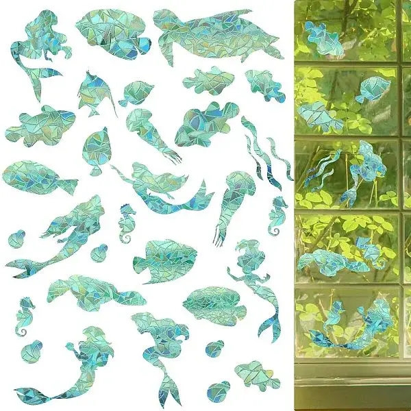 6PCS 2 Styles PVC Stickers Dazzling Color Window Stickers 3D Laser Fish And Mermaid Static Glass Window Stickers