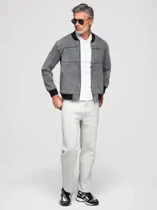 Ombre Men's denim bomber jacket with stone wash effect - grey