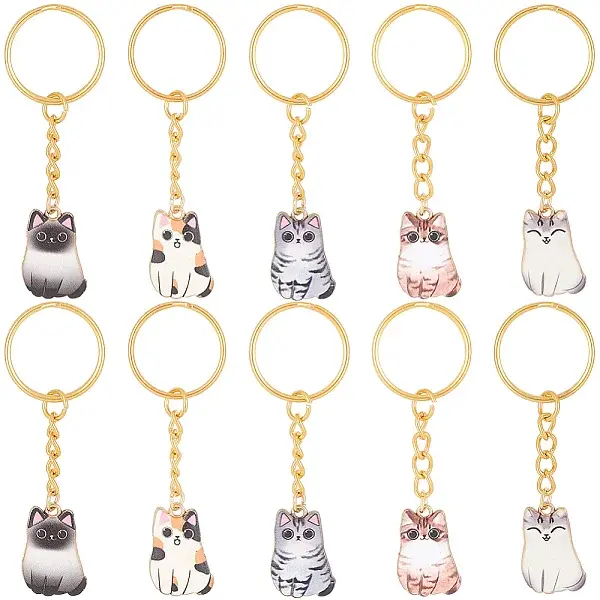 10Pcs 5 Styles Cat Alloy Enamel Keychain