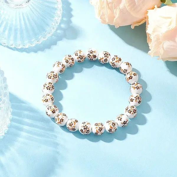 Handmade Flower Printed Porcelain Ceramic Beaded Stretch Bracelets