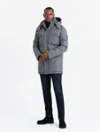 Ombre Warm long men's parka jacket with wool - grey melange