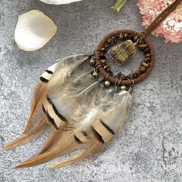Irregular Nugget Woven Net/Web with Feather Pendant Decoration