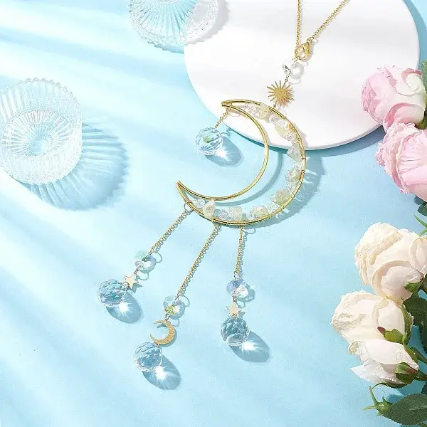 Nuggets Natural Quartz & Brass Moon Hanging Suncatchers