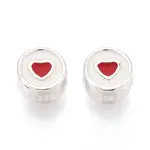 925 Sterling Silver Enamel Flat Round with Red Heart Beads