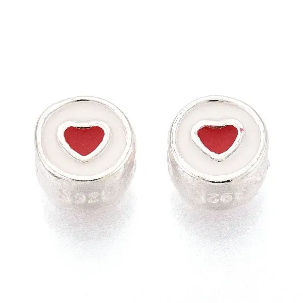 925 Sterling Silver Enamel Flat Round with Red Heart Beads
