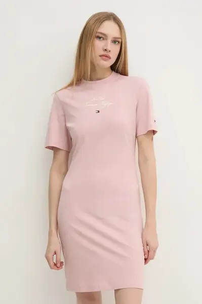 Bavlněné šaty Tommy Hilfiger růžová barva, mini, WW0WW43830
