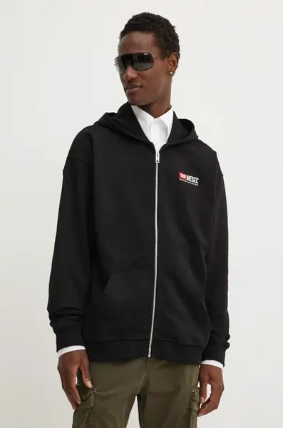 Bavlněná mikina Diesel S-BOXT-HOOD-ZIP-DIV pánská, černá barva, s kapucí, s potiskem, A14946.0GEAD