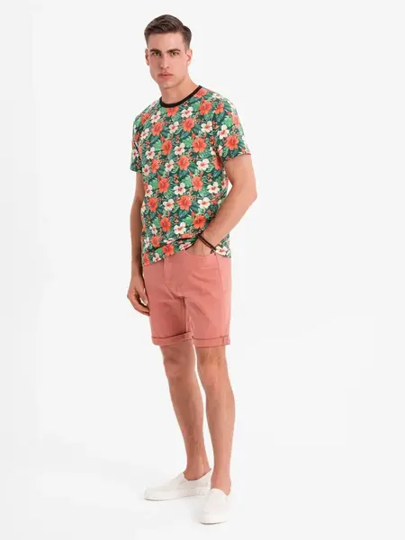 Ombre Men's denim classic shorts with rolled up leg - coral