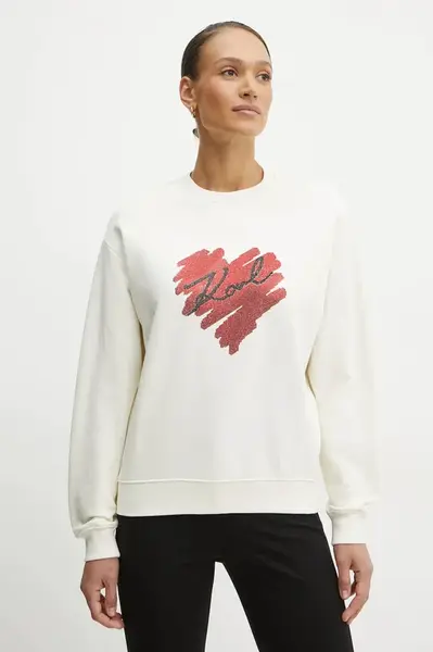 Bavlněná mikina Karl Lagerfeld dámská, béžová barva, s aplikací, A1W20045