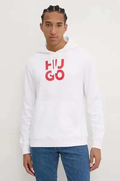 Bavlněná mikina HUGO pánská, bílá barva, s kapucí, s potiskem, 50523848