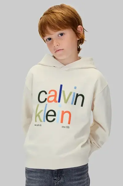Dětská mikina Calvin Klein Jeans béžová barva, s kapucí, s potiskem, IB0IB02563