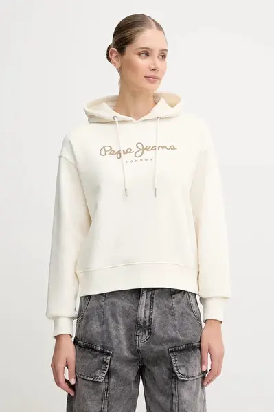 Mikina Pepe Jeans dámská, béžová barva, s kapucí, s potiskem, PL5800001