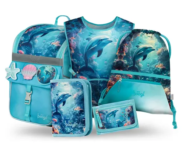 Baagl SET 5 Zippy Delfín: aktovka, penál, sáček, zástěra, peněženka