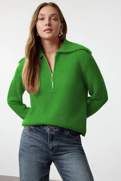 Trendyol Green Wool Wide Pattern Turn-down Collar Zippered Knitwear Sweater