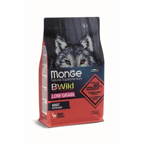MONGE BWild Low Grain Adult All Breeds 2,5 kg kompletné krmivo pre dospelých psov všetkých plemien s jelením mäsom a so znížením množstvom obilnín