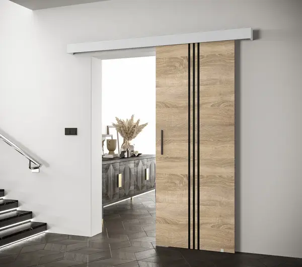 Posuvné dveře Salwador V Dveře: Dub sonoma, Pásky / úchyty: Černá, Horní pojezdová lišta: Bílá