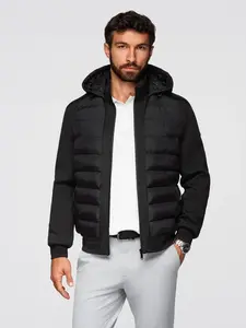 Ombre Quilted bomber jacket with hood and knitted sleeves - black