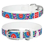 Kožený obojok so vzorom FLOWERS biely, Obvod krku: 46-60 cm, širka: 35 mm