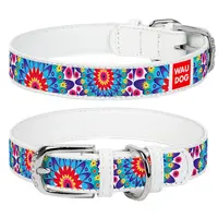 Kožený obojok so vzorom FLOWERS biely, Obvod krku: 46-60 cm, širka: 35 mm