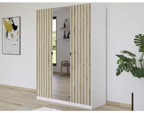 Šatníková skriňa so zrkadlom Genua, 136 cm, biela/dub artisan%