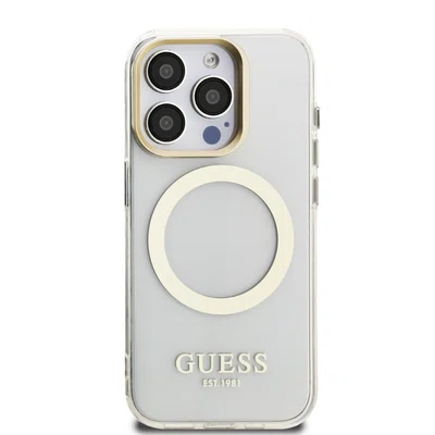 Zadní kryt Guess IML Gold Outline Stand Camera Frame MagSafe pro Apple iPhone 15 Pro, transparentní