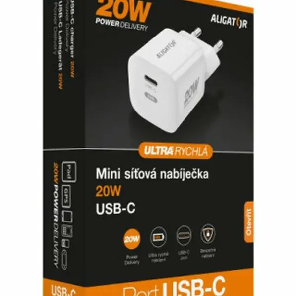 Chytrá síťová mini nabíječka ALIGATOR Power Delivery 20W, USB-C, bílá
