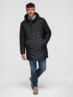 Ombre Men's long quilted jacket with natural filling - black