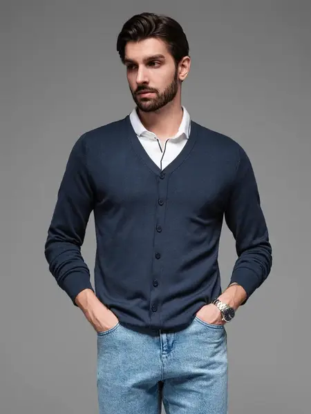 Ombre Knitted monochrome men's viscose cardigan - navy blue