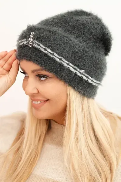 Kesi Dámska zimná čiapka nadýchaná s perličkami a ozdobným vzorom grafitová