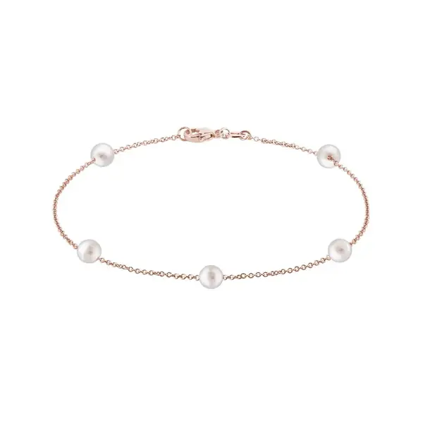 Jemný řetízkový náramek s perlami v růžovém zlatě KLENOTA