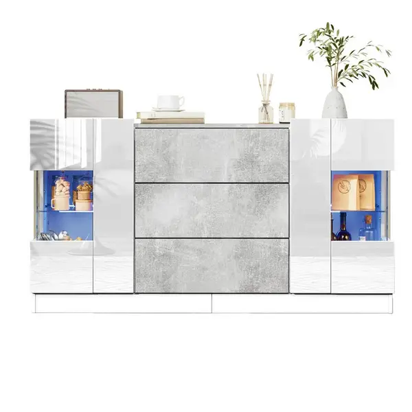 Modenvie SIDEBOARD 140/35/75 cm z MDF, bílá a šedý mramorový dekor, LED osvětlení