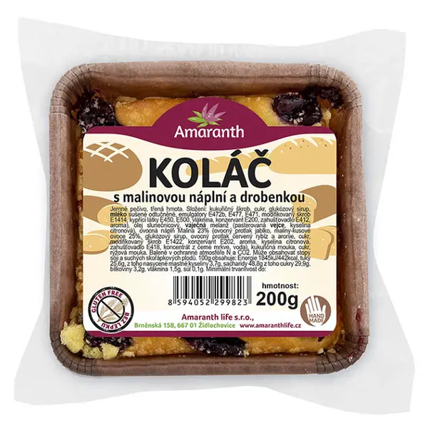 AMARANTH Bezlepkový koláč třený s malinovou náplní a drobenkou 200 g