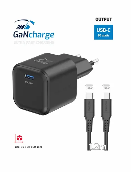Swissten síťový adaptér /GaN/USB-C/20W/Power Delivery/ + datový kabel USB-C/USB-C černá