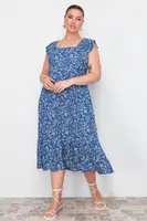 Trendyol Curve Navy Blue A-Line Midi Ruffled Floral Patterned Woven Dress