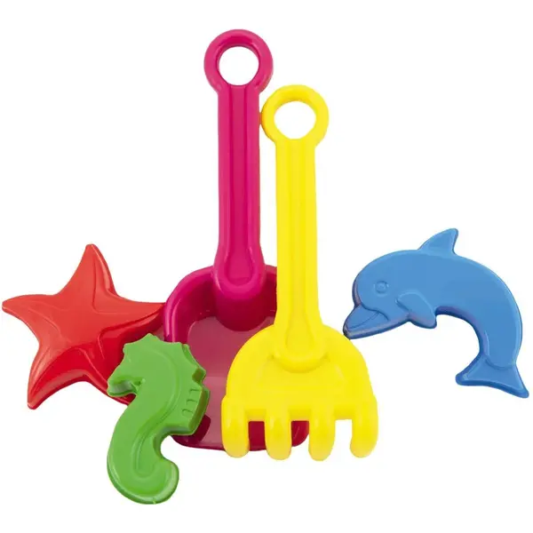 Súprava na piesok plast lopatka, hrabličky, 3ks bábovky 3 farby v sieťke