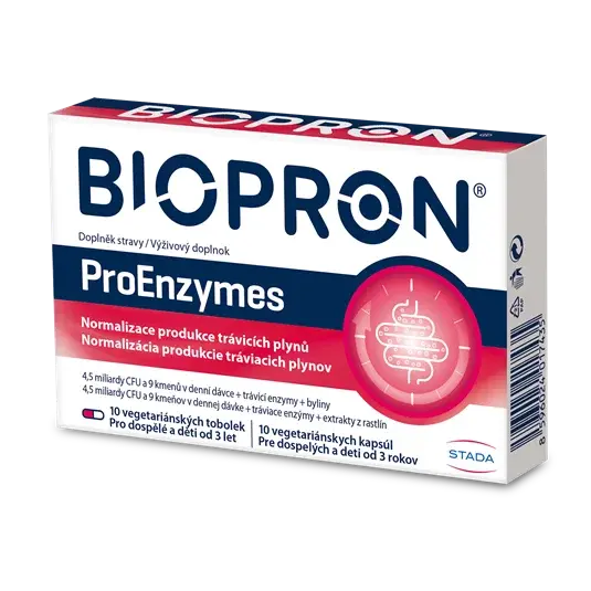 Biopron ProEnzymes, probiotika, úleva při nadýmání a dietních chybách 10 kapslí