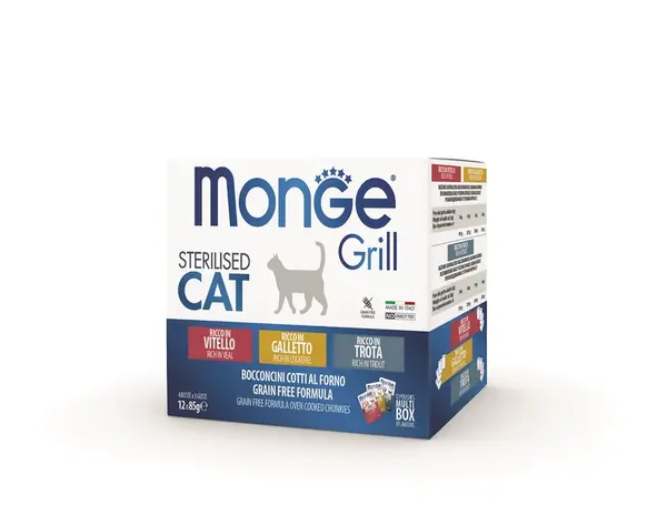 Monge Grill Sterilised smíšená sousta pro kočky - telecí/kohoutí/pstruh 12 x 85 g