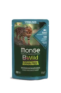 Monge BWild Grain Free Sterilised vlhké krmivo pre mačky - tuniak s krevetami a zeleninou 85 g