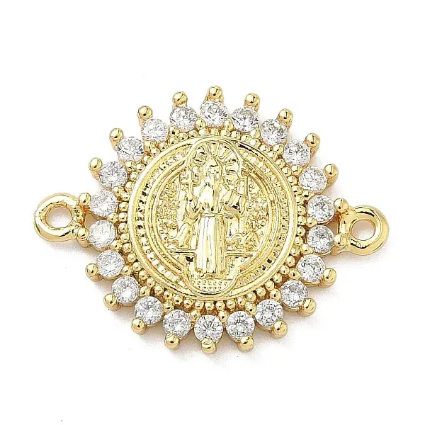 Brass Pave Clear Cubic Zirconia Religion Flat Round with Saint Links Connector Charms