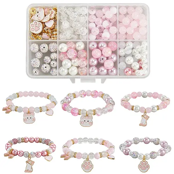 DIY Alloy Enamel Cat Charms & Glass Beads Bracelets Making Kits