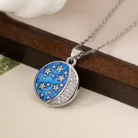 Brass Micro Pave Clear Cubic Zirconia with Blue Enamel Flat Round Pendant Necklaces