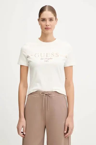 Bavlnené tričko Guess BIBIA dámske, béžová farba, V5BI15 KA260