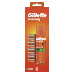 GILLETTE Fusion5 Holicí Hlavice Pro Muže 8 Ks +  Fusion5 Ultra Sensitive 200 Ml 9 ks