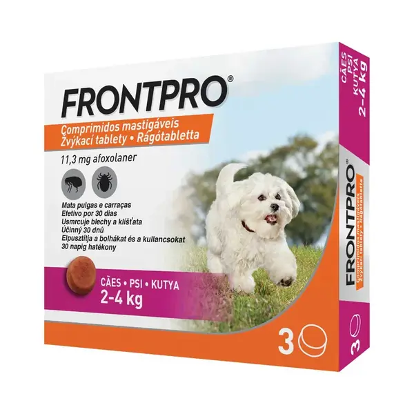 FRONTPRO® Žuvacie tablety pre psov proti blchám a kliešťom 2–4 kg, veľkosť XS 3 tablety dátum spotreby: 31.03.2026