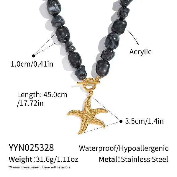Vintage Stainless Steel Starfish Pendant Black Acrylic Nuggets Beaded Necklaces for Women