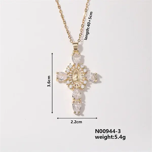Elegant Vintage Corss with Virgin Mary Brass Micro Pave Cubic Zirconia Pendant Necklaces