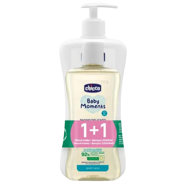 CHICCO Mléko tělové s dávkovačem Baby Moments 500 ml + Šampon Baby Moments 200 ml zdarma